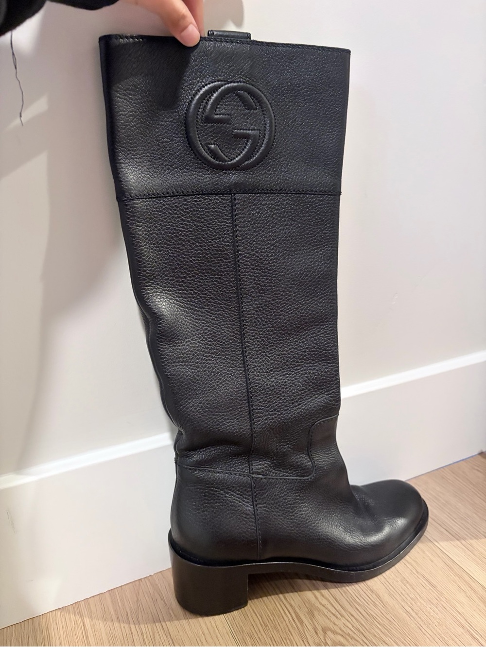 Gucci Cellarius Soft Black Pebbled Leather Riding Nero Boots with Embossed GG